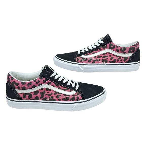 Vans Shoes Mens 12 Old Skool Black Suede Pink Leopard Cheetah Suede Low Tops - Picture 1 of 13